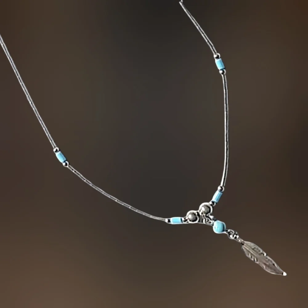 Liquid Silver Style Necklace Turquoise Accents Feather Charm NWOT